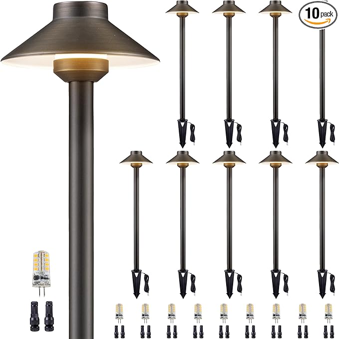 Gardenreet Brass Landscape Path Lights - 12V Low Voltage Pathway Light IP65 Waterproof, LED Outdoor Walkway Lighting Wired, Hat Bronze for Patio Lawn with 3W 2700K Warm White G4 Bulb (10 Pack)