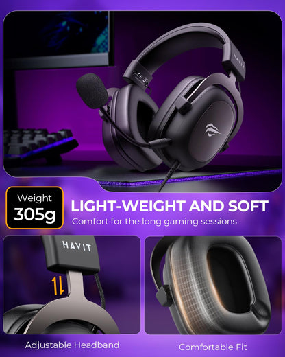 havit H2002d Gaming Headsets for PS4,PC, 53MM Drivers Surround Sound PS5 Headset with Mic Gaming Headphones with Mic Durable Aluminum Frame Valentines Gifts for Men