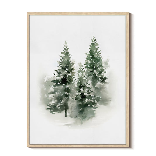 Vintage Three Green Pine Trees Framed Canvas Print Christmas Wall Art, 12x16 Winter Snowy Forest Holiday Nordic Painting Artwork, Rustic Scandinavian Living Room Bedroom Farmhouse Home Decor