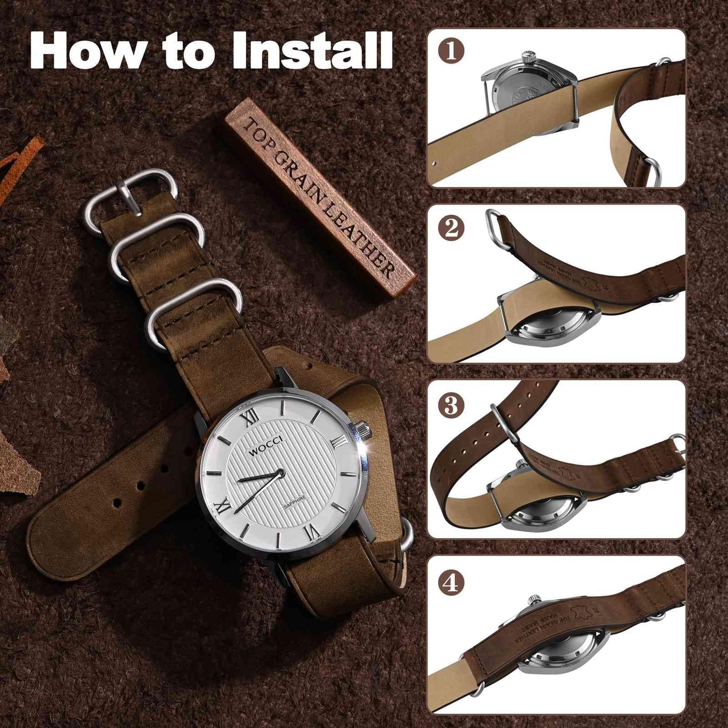 WOCCI 20mm One-piece Watch Band for Men, Top Grain Leather, Brushed Hardware (Retro Brown)
