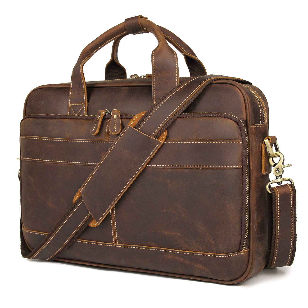 Augus Leather Briefcase for Men16 inch Laptop Bag Genuine Full-Grain Leather Messenger Shoulder Bag YKK Zipper Work Travel Brown