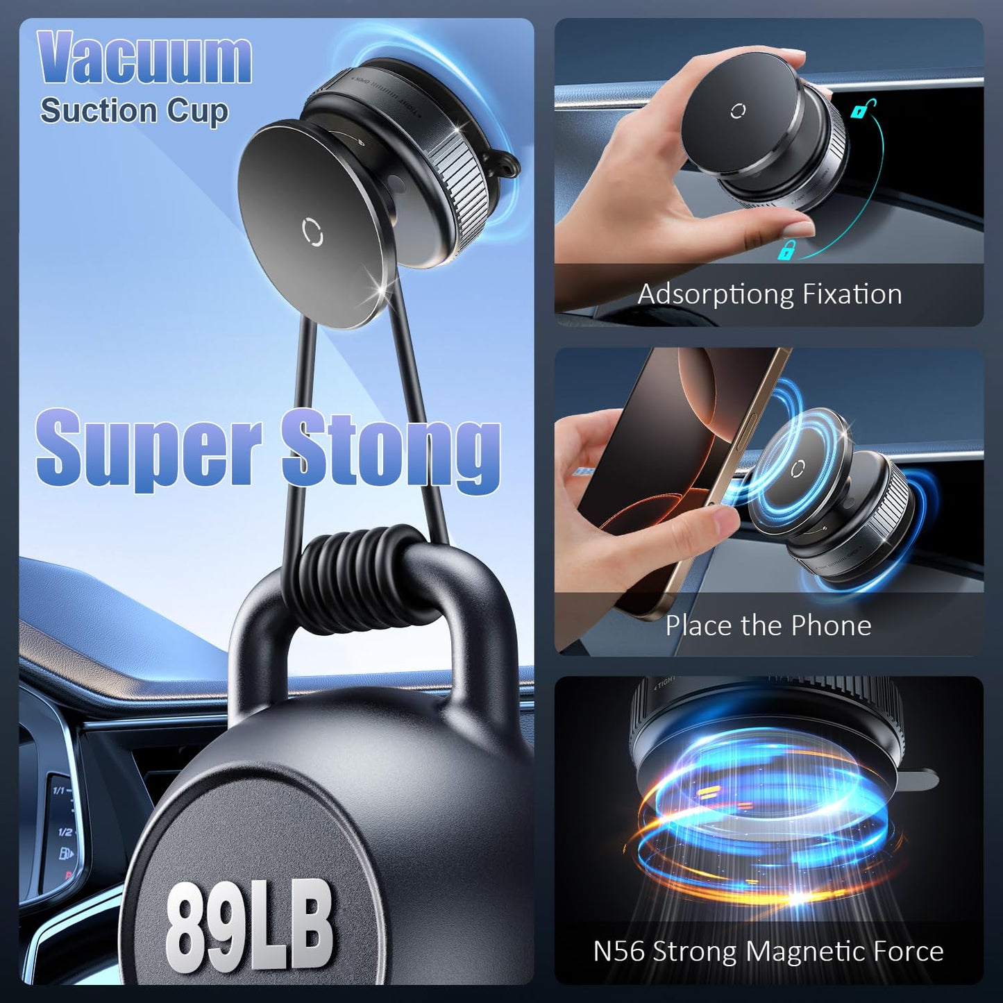 Vacuum Magnetic Car Phone Holder,360° Rotatable Suction Cup Phone Car Mount for Mag Safe Strong Magnetic Cell Phone Holder Stand for Gym/Mirror/iPhone 16e 16 Pro Max 15 14 13 12 and All Smartphones