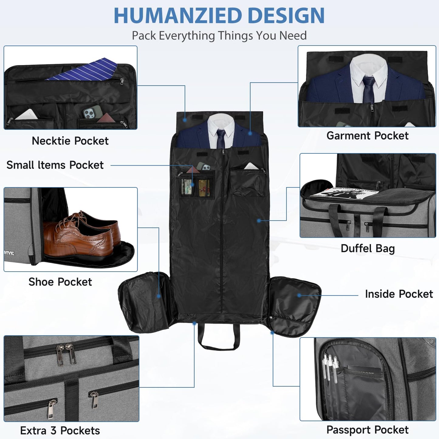 IBVIVIC Convertible Garment Bags for Travel, 2-in-1 Carry On Garment Duffle Bag With Shoe Compartment for Women Men, 50L Hanging Suitcase Suit Travel Bags with Shoulder Strap, Grey