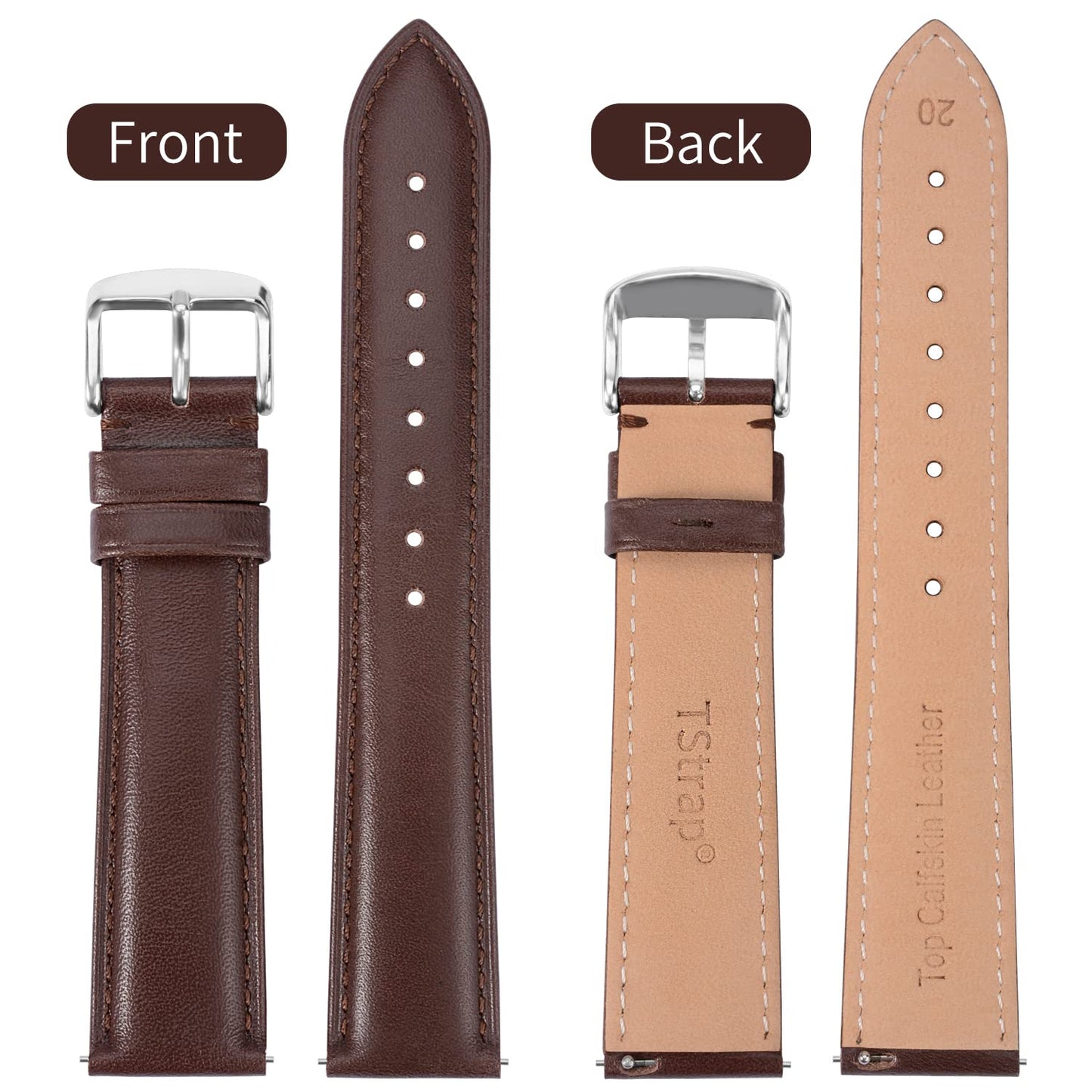 TStrap Leather Watch Band Men - Brown Quick Release Watch Strap for Women Replacement - Soft Smart Watch Bracelet with Clasp Buckle for ladies - 14mm 16mm 18mm 19mm 20mm 21mm 22mm 23mm 24mm