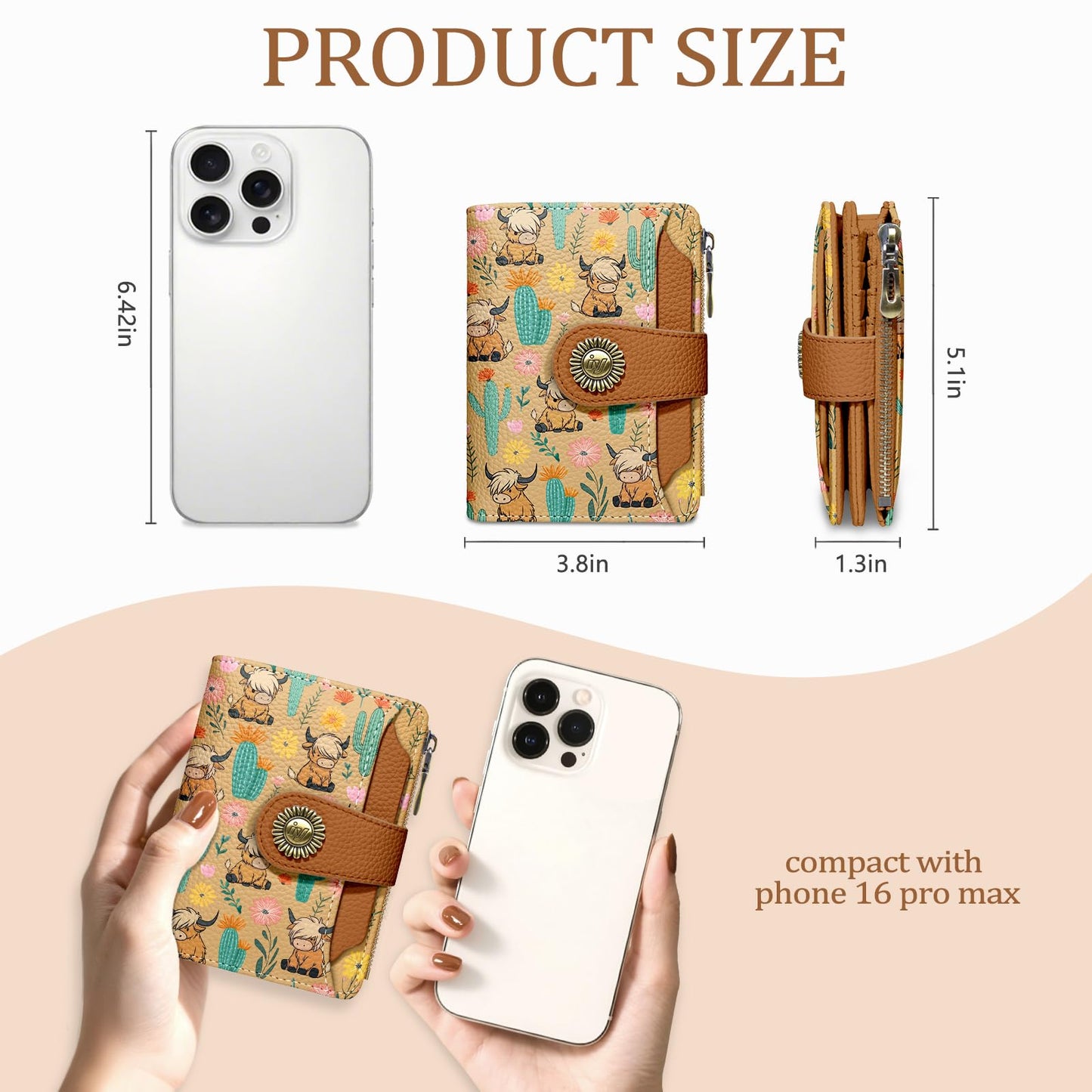 Icycay Highland Cow Small Wallet Women RFID Blocking Bifold, Cute Credit Card Holder, Zipper Coin Pocket, PU Leather, Compact, Travel, 4 ID Window, 14 Card Slots, Cash Purse, Ladies Woman