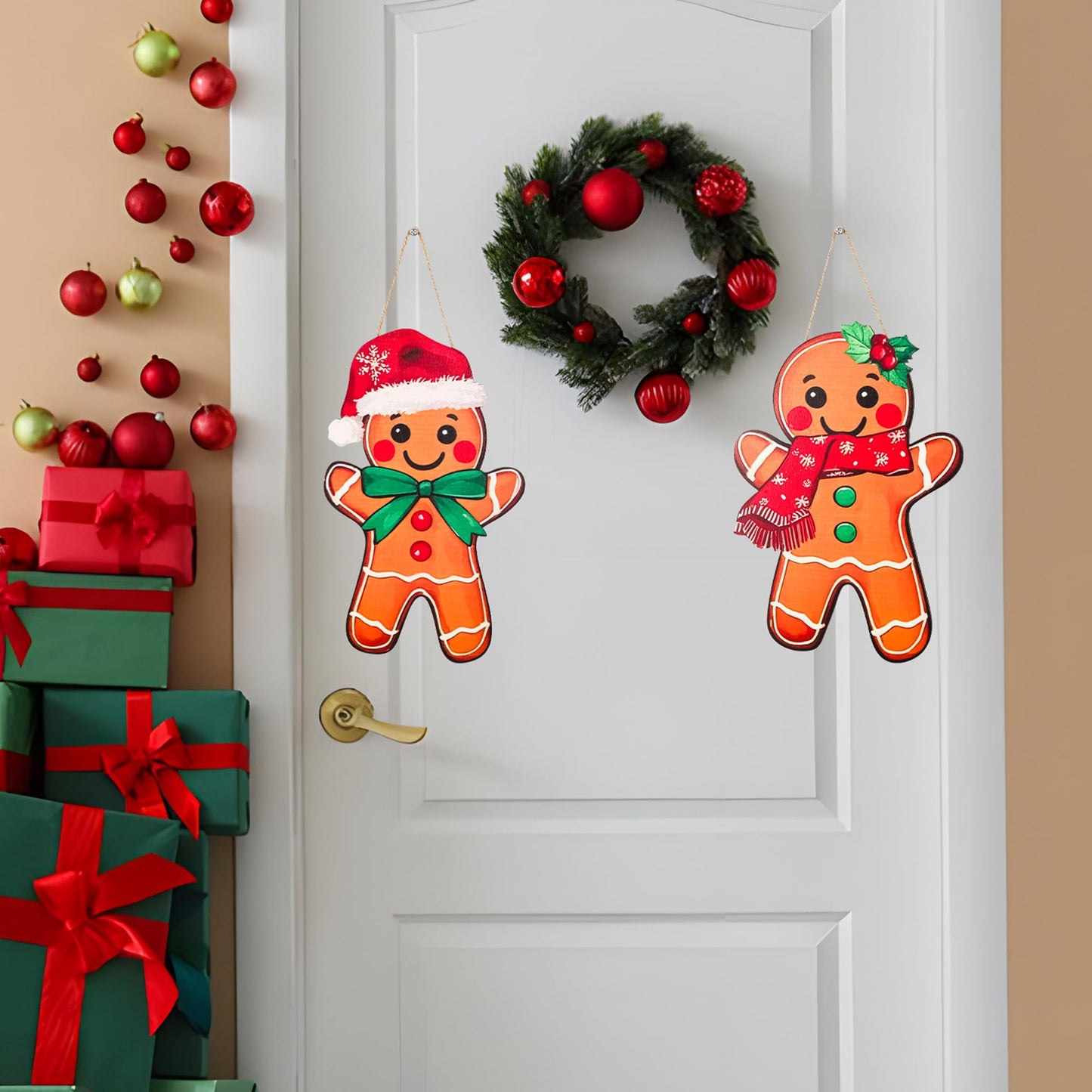 2Pcs Christmas Gingerbread Hanging Signs Gingerbread Men Women Front Door Decor Xmas Red Green Welcome Wreath Hanger for Holiday Porch Window Wall Home Decor