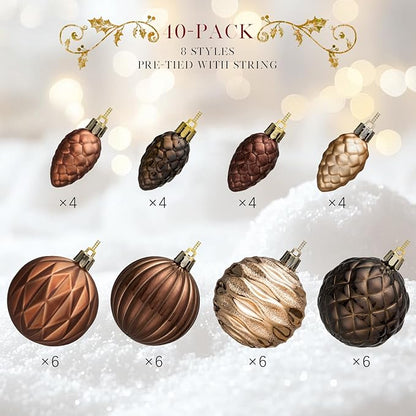JORNOY Brown Christmas Tree Ornaments - 2.36inch/60mm Shatterproof Ornaments for Christmas Tree Set, Plastic Decorative Hanging Balls Ornaments for Xmas Tree Decorations, 40ct (Brown)