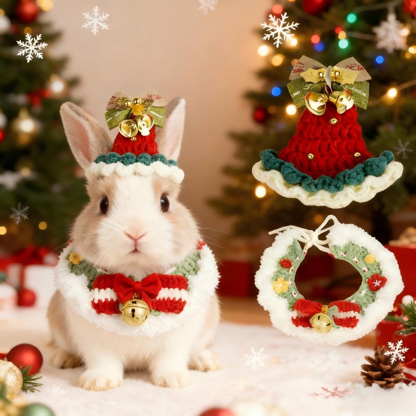 MITOCAPY Christmas Dog Costume, Handmade Cat Holiday Outfit with Christmas Tree Hat & Wreath Scarf Set, Adjustable,Lightweight & Breathable,Pet Accessories for Rabbits Xmas Party & Photos