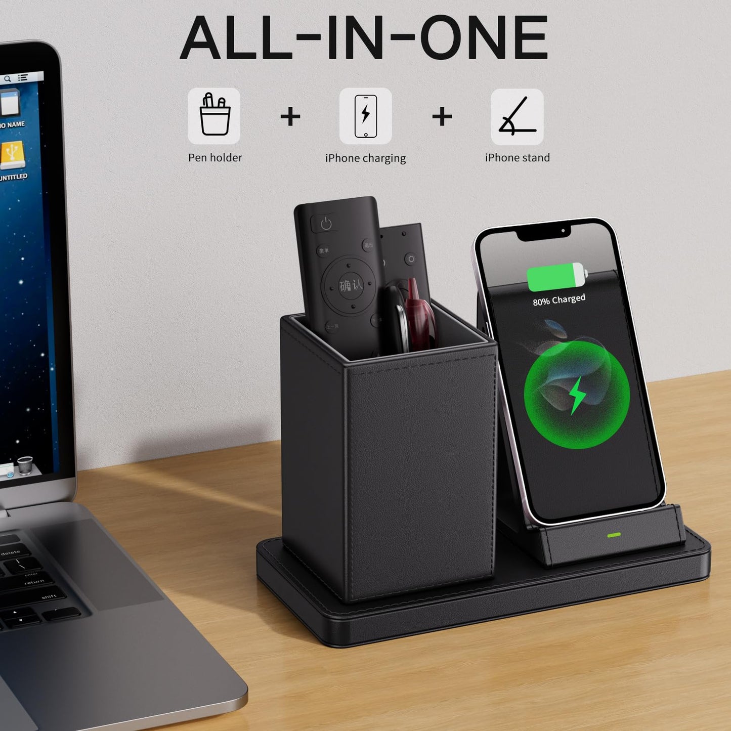 Multi-Functional Pen Holder for Desk,Black Vegan Leather Desk Organizers with Remote Control Holder,Pencil Holder for Desk,Desk Organizer with Phone Wireless Charger for Office/Nightstand/Endtable