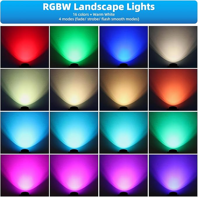 RGBW Low Voltage Landscape Lighting with Connectors,16 Color Changing Spot Lights Outdoor AC/DC12V-24V IP67 Waterproof Landscaping Lights for Garden Yard Tree Halloween Christmas Decor, 2 Pack