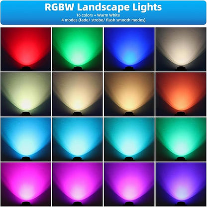 RGBW Low Voltage Landscape Lighting with Connectors,16 Color Changing Spot Lights Outdoor AC/DC12V-24V IP67 Waterproof Landscaping Lights for Garden Yard Tree Halloween Christmas Decor, 2 Pack