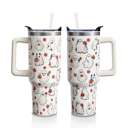 Sabobo Halloween Spooky Cup Gifts for Women Men, Cute Ghost 40oz Tumbler with Handle and Straw, Holiday Stainless Steel Insulated Water Bottle (1 PC)