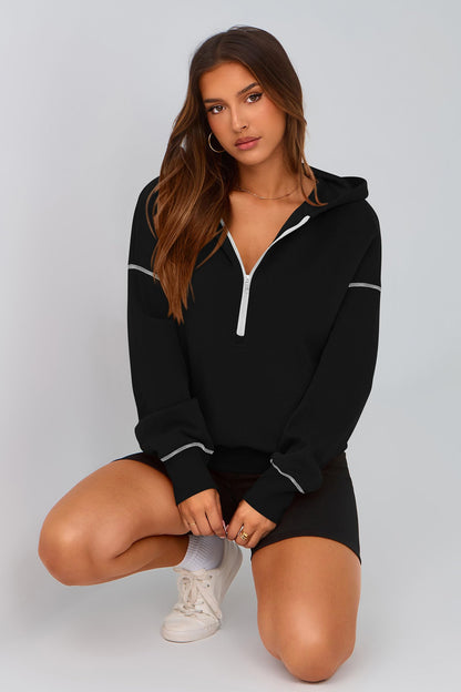 PRETTYGARDEN Women's Hooded Sweatshirts Long Sleeve Half Zip Cropped Hoodie Pullover Winter Fashion Clothes (Black,Large)