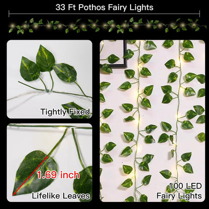 suddus Vine with Fairy Lights Battery Operated, 33ft100 LED Pothos String Lights with Remote, Leaf Lights for Bedroom, Room, Wall, Garden, Party, Wedding Decor(Warm White)