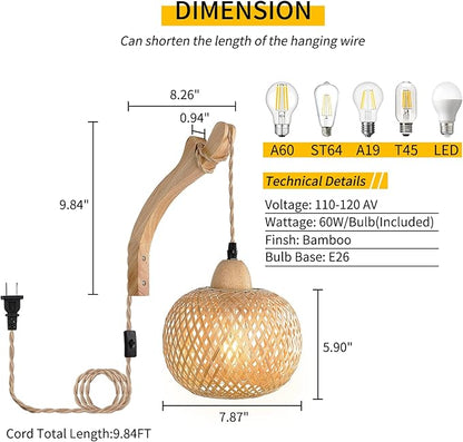 Frideko Bamboo Wall Sconces Set of Two Plug in, Boho Wall Lamp with Plug in Cord, Farmhouse Light Fixtures with 9.84FT On/Off Switch Cord, Rattan Sconces Lighting for Bedroom Living Room