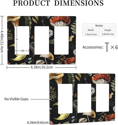 Nature Plant Botanical Daisy Mushroom Snails And Moon Triple Rocker/Decora Wall Plate 3 Gang Light Switch Outlet Cover Plate Decorative Switchplate Electrical GFCI Faceplate for Bedroom Decor