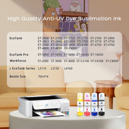 Sublimation Ink for Epson ET2400 ET2720 ET4800 ET-2803 ET-2800 ET-2840 ET-4700 ET-2760 ET-2750 ET-2850 ET-15000 Inkjet Printers Sublimation Ink Refilled Bottles for Heat Transfer Mug T Shirts
