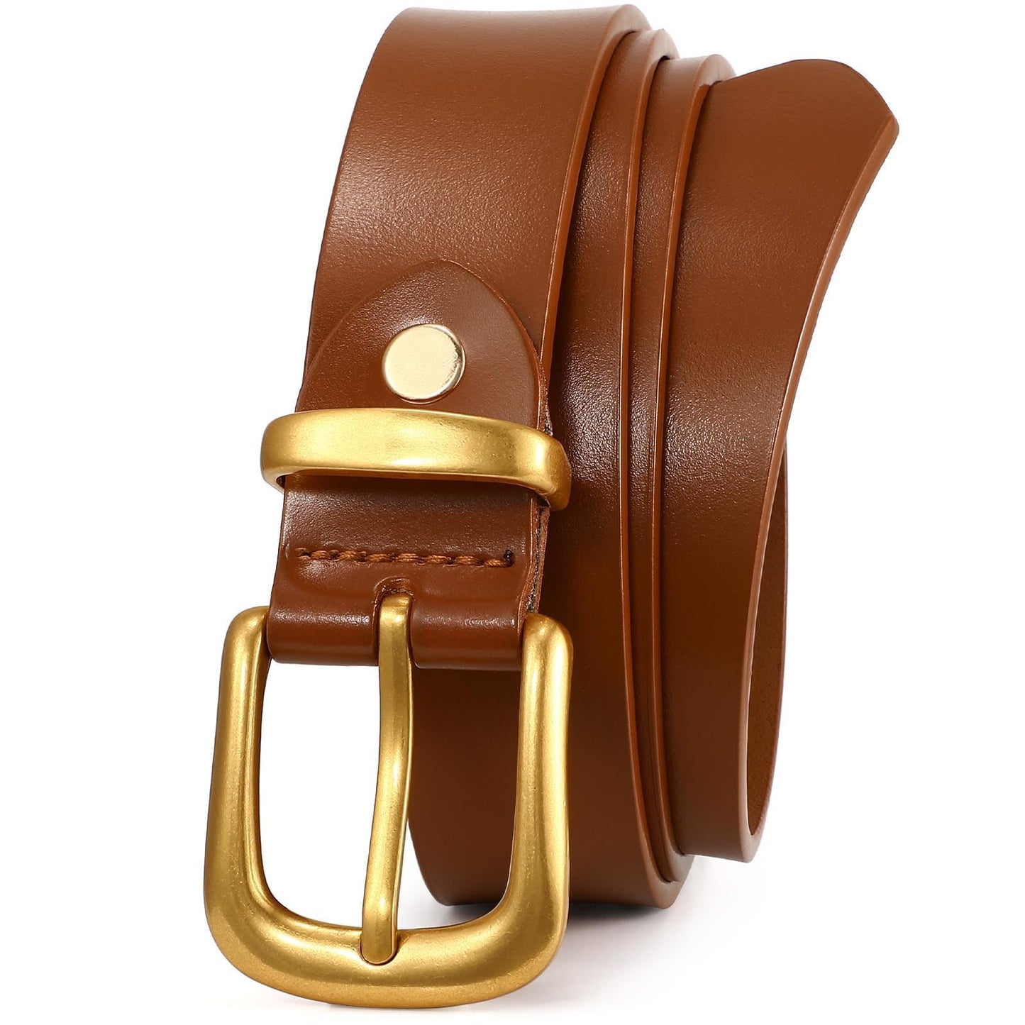 WHIPPY Womens Genuine Leather Belts for Jeans Pants Fashion Vintage Ladies Leather Belt with Gold Buckle, Cognac, S