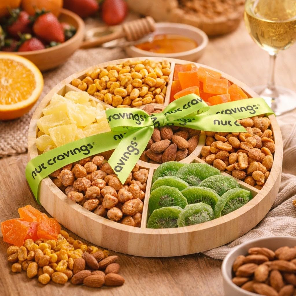 NUT CRAVINGS - Dried Fruit & Mixed Nuts Gift Basket in Reusable Round Wooden Tray + Ribbon (7 Assortments) Food Arrangement, Healthy Snack Care Package, Kosher Treats for Adults