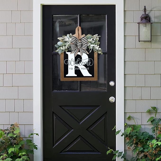 16'' Personalized Last Name Welcome Sign, Door Wreaths for Front Door Outside, Spring Wreath for Front Door Decor, Farmhouse New Home Gifts for Home (R)