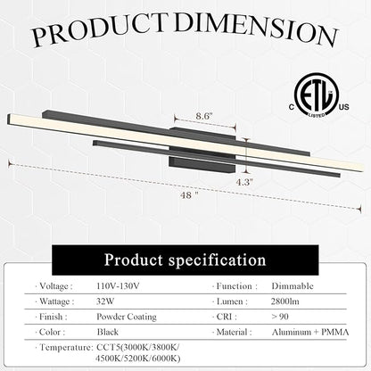 Modern LED Vanity Light 48 Inches Long Black LED Wall Light Over Vanity Mirror Hardwired Wall Mount Lighting Fixture 5CCT(3000K/3800K/4500K/5200K/6000K) Dimmable Bathroom Wall Mount Lighting