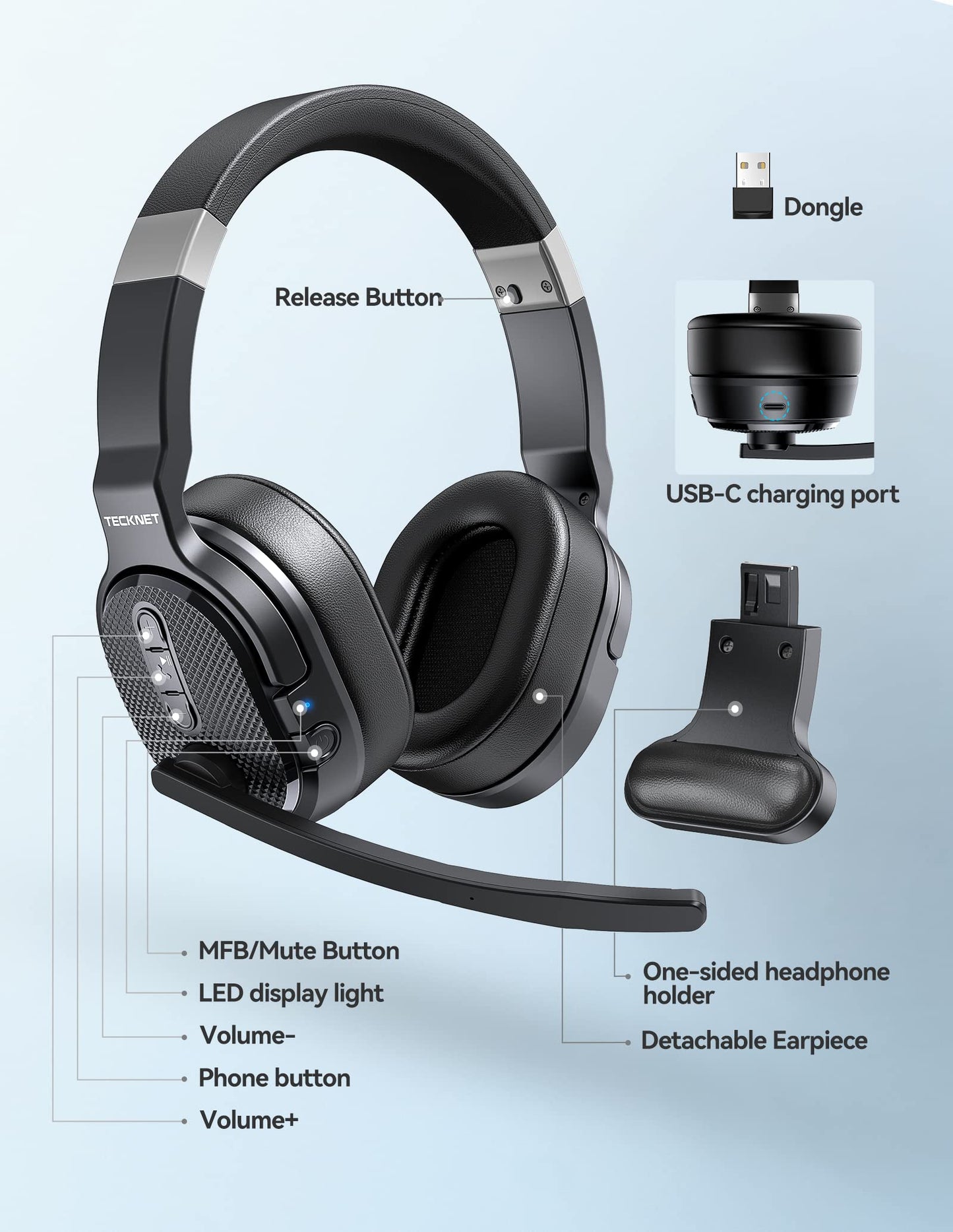 TECKNET Bluetooth Trucker Headset, Single and Dual Ear Wireless Headset with Mic for Work Noise Cancelling, 50Hrs 3 EQ Music Modes Trucker Bluetooth Headphones for PC, Drivers, Office, Call Center