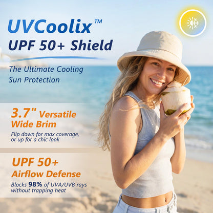 TOP-EX UVCoolix™ Cooling Sun Hat for Women with Ponytail Hole Wide Brim SPF 50 UV Protection Packable Bucket Hat for Travel Beach Gardening Hiking Fishing Camping with Chin Strap Beige L/XL