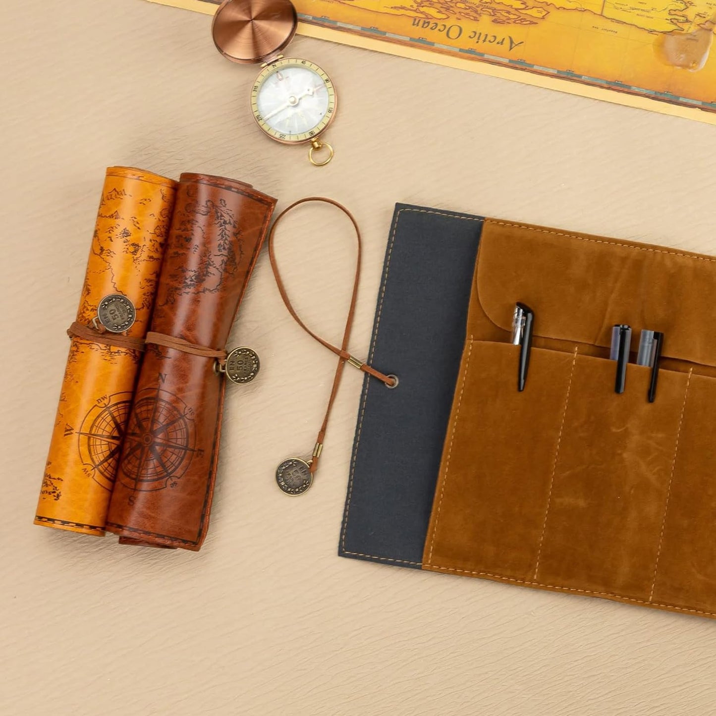 Glavatrix 4 Pieces Leather Pencil Case, Creative Map Rollup Pencil Bag, Vintage Makeup Brush Pouch, Brown PU Matte Smooth Cover Storage Pouch Holder Organizer