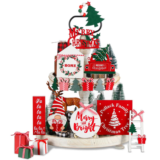 18 Pcs Christmas Tiered Tray Decor Gnome Santa Wood Sign Xmas Tree Table Centerpiece Farmhouse Rustic Table Decor for Winter New Year Home Tabletop