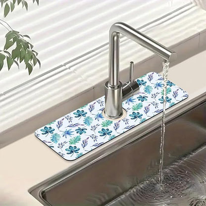 Watercolor Leaves Sink Splash Guard Faucet Mat Tropical Leaves Super Absorbent