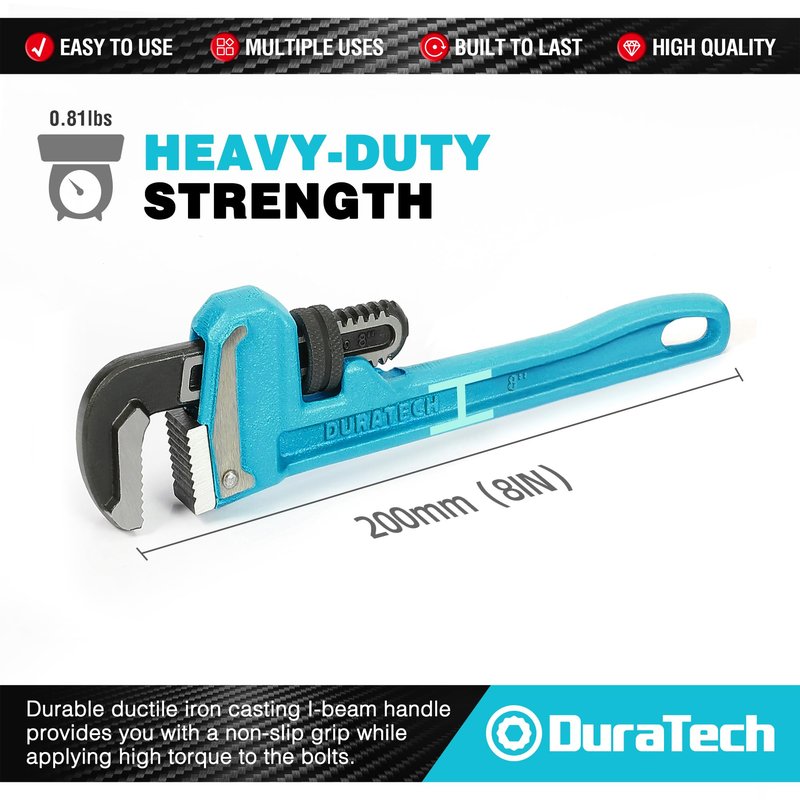 DURATECH 8-Inch Heavy Duty Pipe Wrench, Adjustable Plumbing Wrench, Malleable Cast Iron Handle, Exceed GGG standard