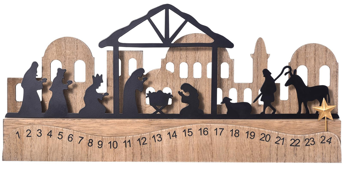 Nativity Sets for Christmas Countdown Calendar, Indoor Rustic Christmas Decor With Wooden Base 3D Design, Xmas Manger Scene for Tabletop Office Shelf Mantel Decoration (Black)