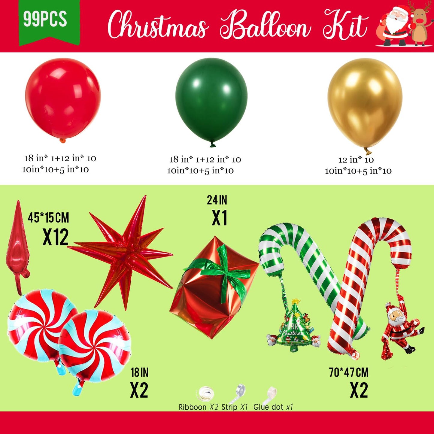 Christmas party decorations with Hunter Green Red Gold Balloon Garland Arch & Xmas Tree Santa Candy Cane Star lollipop gift box ribbons foil Balloons for friendsmas New Year's Eve Decorations