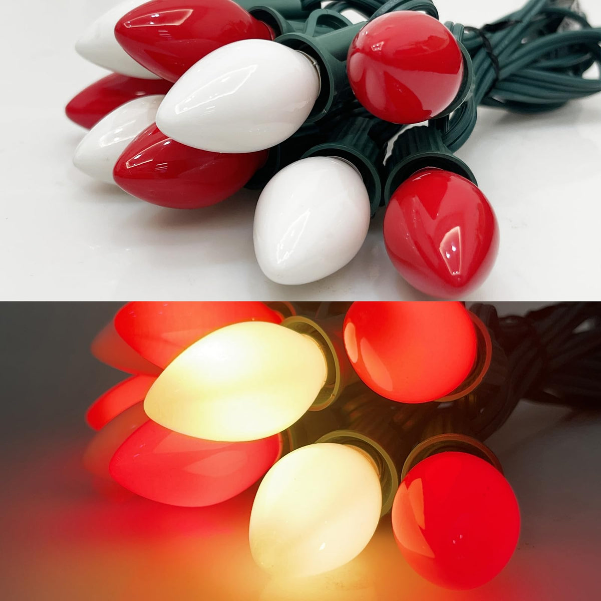 C7 Christmas String Lights 25 Feet Outdoor String Lights with 27 5W Red White Glass Bulbs(2 Spare), Connectable Hanging Christmas Lights for Backyard Patio Balcony Party Xmas Decor, Green Wire