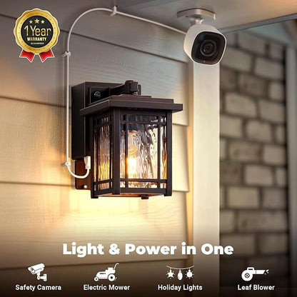 2-Pack Front Porch Lights with GFCI Outlet, Oil Rubbed Bronze Dusk to Dawn Outdoor Wall Lantern, Anti-Rust Outdoor Garage Lights Wall Mount, Waterproof Modern Exterior Coach Light Fixtures