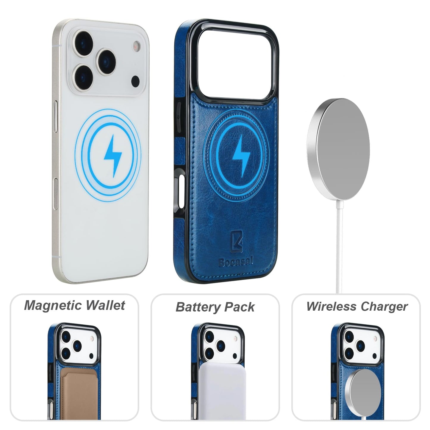 Bocasal for iPhone 17 Pro Wallet Case Compatible with MagSafe Wireless Charging, RFID Blocking Magnetic Leather Case with Card Slots Holder Kickstand Detachable Wrist Strap 6.3 Inch (Blue)