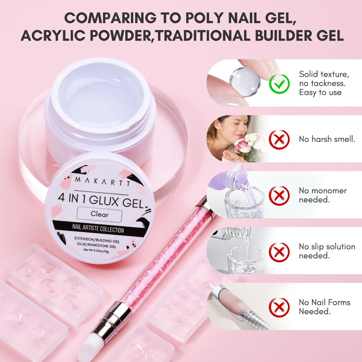 Makartt Solid Gel Builder Mini Kit for 3D Gel Nail Art - 15ML 4 in 1 Nail Extension Gel, 4pcs Silicone Molds, 1 Sculpting Brush, UV Glue for Acrylic Nails Rhinestones Gel Molding Manicure Hard Gel Kit