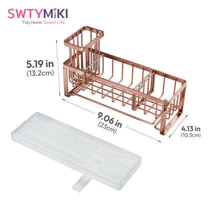 SWTYMIKI Sponge Holder for Kitchen Sink - Sink Caddy with Brush Holder Self-draining Sponge Caddy Organizer with Divider Stainless Steel Kitchen Accessories Storage for Countertop, Black