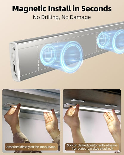 EZVALO 3 Pack Under Cabinet Lighting Wireless with Battery Indicator, 2000mAh Rechargeable Motion Sensor Light Indoor, 10inch 80 LED Under Counter Lights for Kitchen Closet, 3 Color Temps, Dimmable
