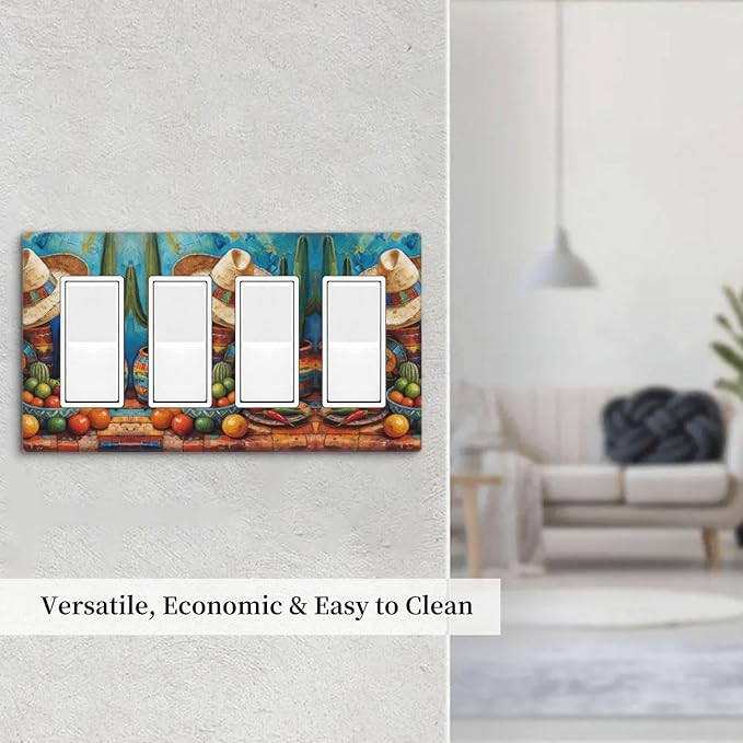 Decorative Art Light Switch Covers Mexican Sombrero & Serape Vibes 4 Gang Rocker Decora Outlet Covers Electrical Faceplate GFCI Wall Plate for Home Decor