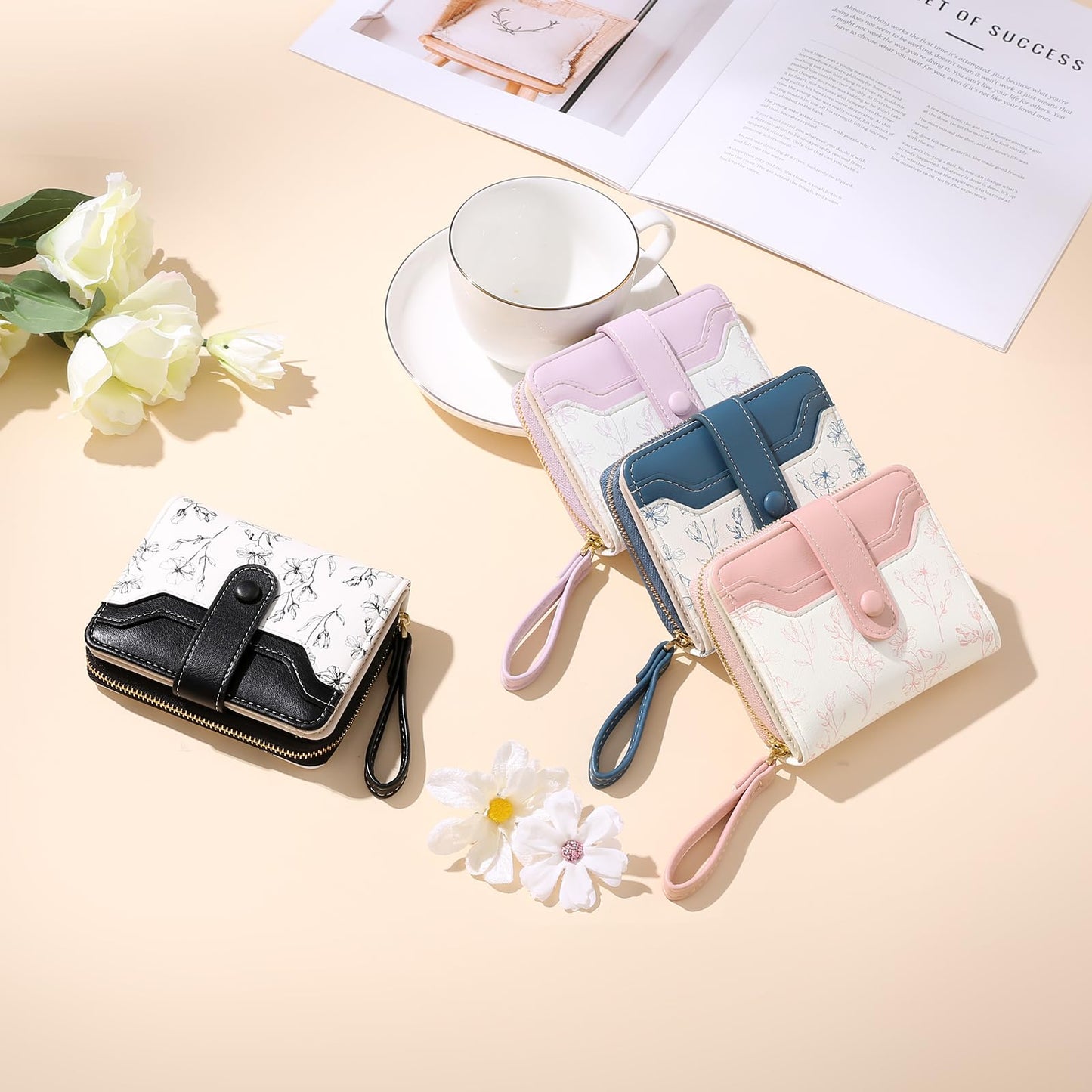 GAEKEAO Womens Wallet Slim Thin RFID Blocking Floral Leather Card Holder Bifold Long Ladies Wallet with Zipper Pocket