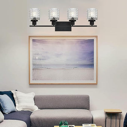MELUCEE Matte Black Vanity Light 4 Lights Modern Bathroom Light Fixtures with Hammered Glass Shade, Indoor Metal Wall Lights for Powder Room Hallway Kitchen, E26 Base