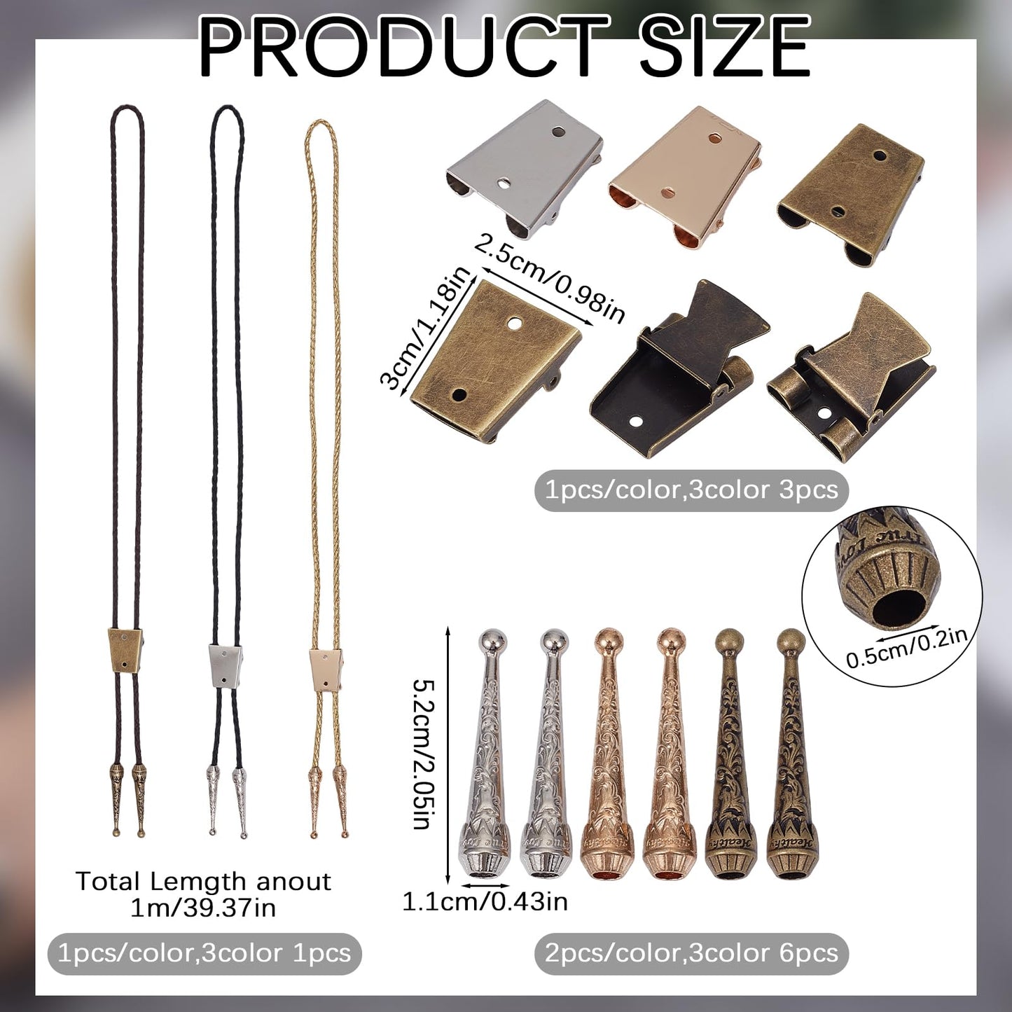 NICENEEDED Bolo Tie Making Kit, Bolo Tie Tips Replacement Accessories with 6 PCS Zinc Alloy Cord End 3 PCS Slide Clasps and 3 PCS Leather Necktie Cord, Western Style Tie Supplies for Bolo Tie Making
