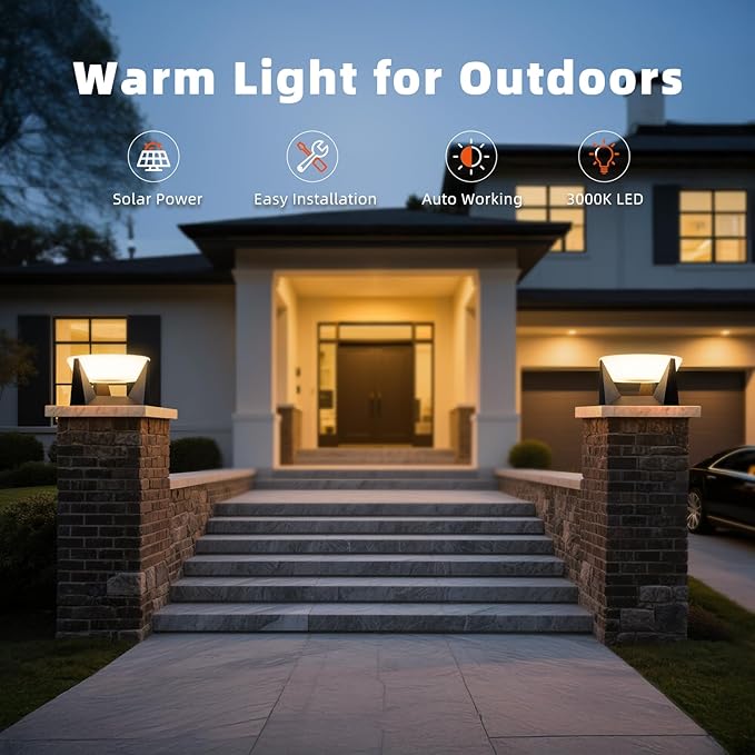 Solar Post Light, 14.9'' Solar Powered Outdoor Pillar Lights Fixture Waterproof, Modern Fence Column Cap Lamp Dusk to Dawn 3000K LED Lantern Landscape Lighting for Deck Patio Garden Yard Driveway