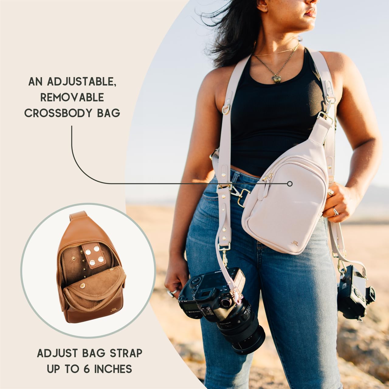 rr ruby+rae The Duo Camera Harness & Crossbody Bag – Double Camera Harness with Removable Crossbody Bag, Vegan Leather, Protective Suede Interior, Black