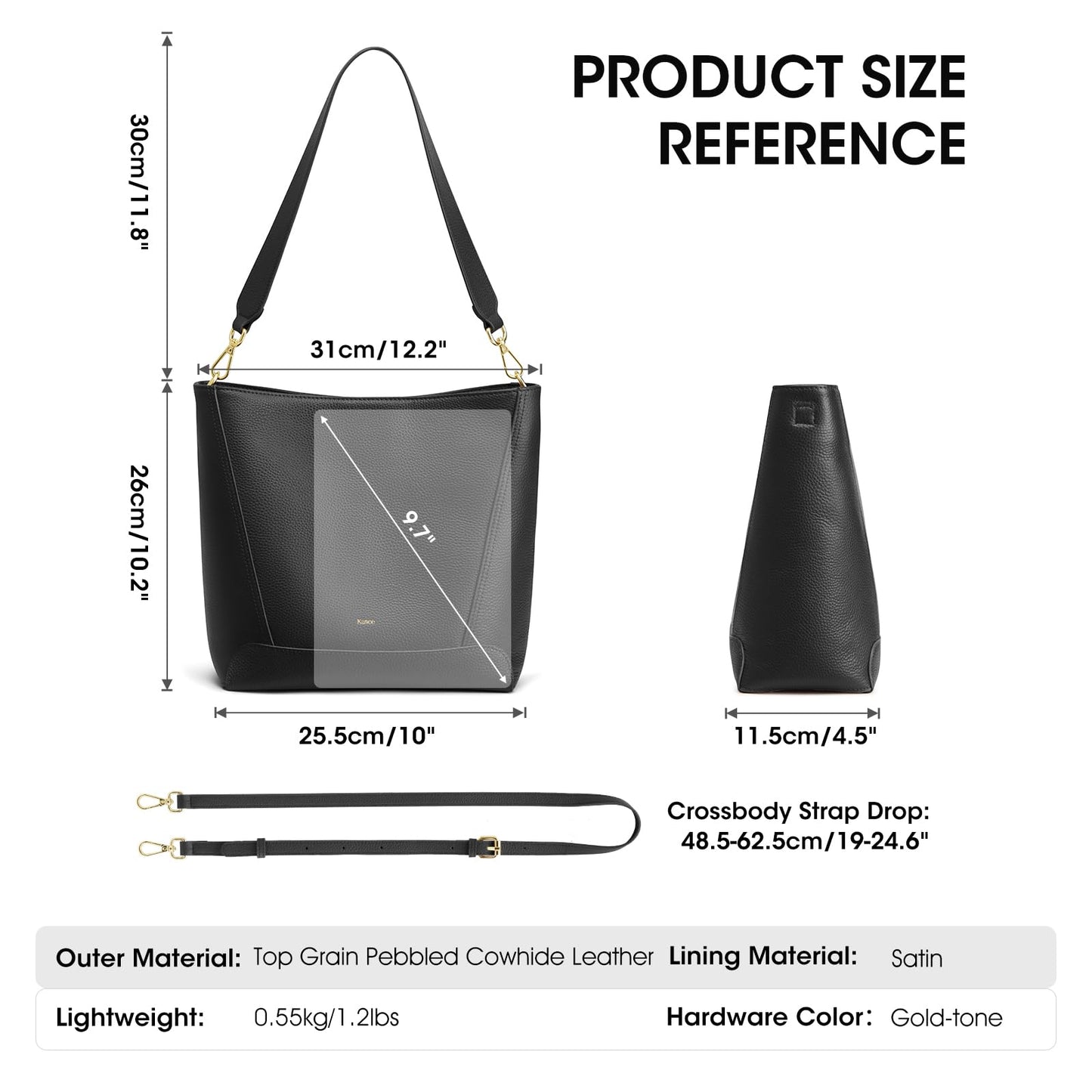 Kattee Leather Purses and Handbags Trendy, Bucket Bags for Women, Top Grain Leather Hobo Tote Shoulder Crossbody Bag with 2 Straps, Black
