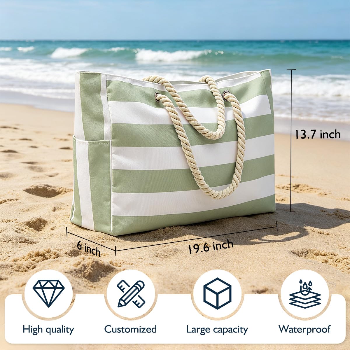Ulico Personalized Beach Tote Bag for Women with Embroidered Name, Custom Large Waterproof Pool Bag with Zipper, Sandproof Swim Tote for Travel