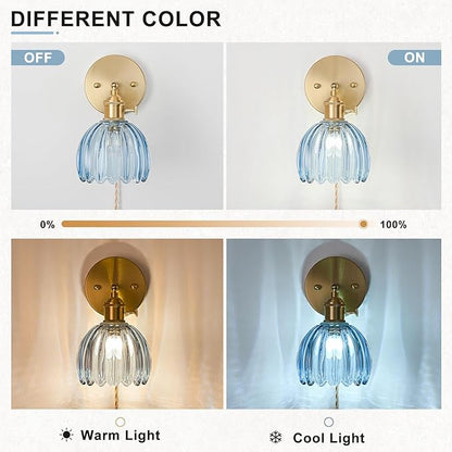 Plug in Wall Sconces Set of 2, Vintage Wall Sconce Light with Tulip Denim Blue Glass Lampshade, 180° Adjustable Wall Sconce with Switch and Plug in wall lamp Cord, Gold Wall Light Wall Decor Set of 2