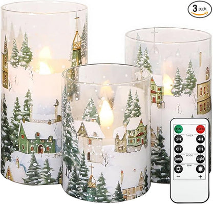 Christmas Flickering Flameless Candles Village House Decor Glass Real Wax LED Battery Operated Pillar Candle with Remote Timer Christmas Church Decorations for Home Party, Winter Holiday DIY, Gifts