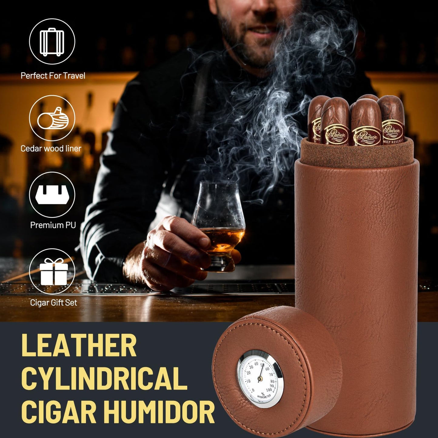 Premium Brown Cylindrical Cigar Humidor with Hygrometer and Cedar Wood Lining, Sealed Portable Leather Cigar Humidifier for Travel Cigar Case and Home Use Father's Day, boyfriends，Christmas